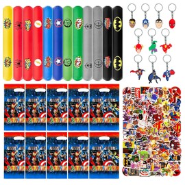WELLXUNK Superhero Party Bags Children's Birthday, Pack of 82 Superhero Party Bags, 10 Gift Bags, 12 Snap Bracelets, 50 Stickers, 10 Key Chains, Superhero Party Bag Gifts