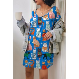 Ekouaer Womens Tshirt Nightgown Cotton V Neck Sleepshirts Comfy Casual Nightshirt for Women, Cat Blue, 3X-Large