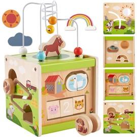 Buyger 6 in 1 Farm Animals Baby Wooden Activity Cube for Toddler Kids Boys Girls Shape Sorter Baby Mirror Busy Activity Center Sensory Educational Learning Toys Gifts