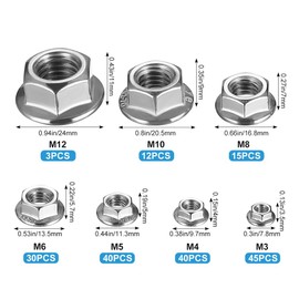 185pcs Hex Flange Nuts Set, Carbon Steel Serrated Lock Nuts Assorted, Serrated Flange Hex Nuts, Nuts For Furniture, Wood, Metal, Automotive, Mechanical Stop Fasteners(M3/4/5/6/8/10/12)