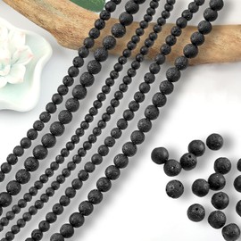 Black lava beads, 420 pieces, natural stone beads, lucky round stone beads, lava stone, volcanic stone, lava beads for threading with hole for bracelets, chains, DIY jewellery, crafts (4 mm, 6 mm, 8