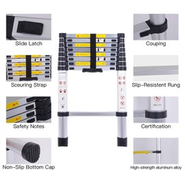2.6M /8.5ft Aluminum Extension Folding Telescopic Loft Step Ladder, Straight Attic Telescoping Roof Ladders, Capacity 150kg/330lb with Certificate EN 131