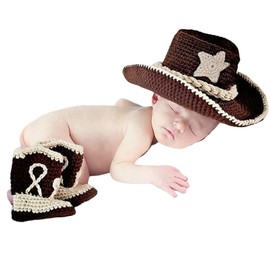 Newborn Boys Girls Baby Photo Shoot Props Outfits Crochet Clothes cowboy hat with Shoe Photography Props Costume (Brown)