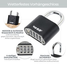 HMF Combination Padlock 3507-02 Heavy Duty Lock with 4 Digit Zinc Alloy Combination Code | 5.3 x 2.4 x 7.8 cm | Black