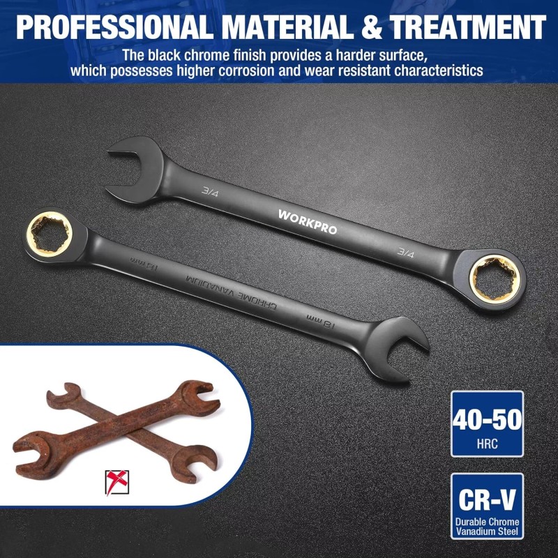 WORKPRO 22-Piece Ratcheting Wrench Set Anti-slip Teeth SAE 1/4-3/4 Metric