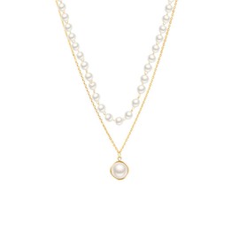 Layered Pearl Choker Necklace Gold Silver Plated Dainty Charm Double Layer Small White Pearls Beads Round Chain Necklace for Women Minimalist Wedding Bridal Birthday Christmas Party Trendy Jewelry (Gold)