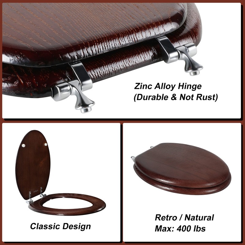 Angel Shield Durable Wood Veneer Natural Toilet Seat Metal Hinged