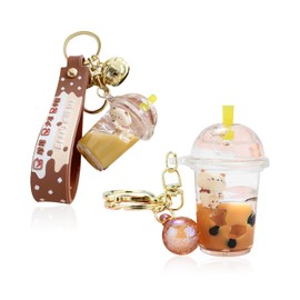 BEIBXHQQ 2 Pieces of Milk Tea Bear Keychains, Quicksand Key Pendants, Creative and Cute Keychains, Milk Tea Cup Keychains, For Bags, Keys, DIY Pendants