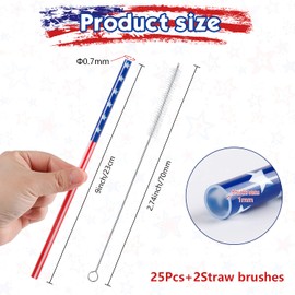 Quera 27 pcs Independence Day American Flag Plastic Drinking Straws Stars Stripes Reusable BPA-Free Straws 4th of July Party Memorial Day Supplies with 2 Cleaning Brush 9'' Red White Blue