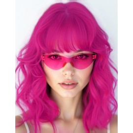 LOHO WONDERZ Wavy Wig and Sunglasses Set - 15 Inch Wavy Wig With Bangs - Heat Resistant Shoulder Length Curly Bob Wigs for Women - Bachelorette Party Costume Cosplay (Rose+Purple)