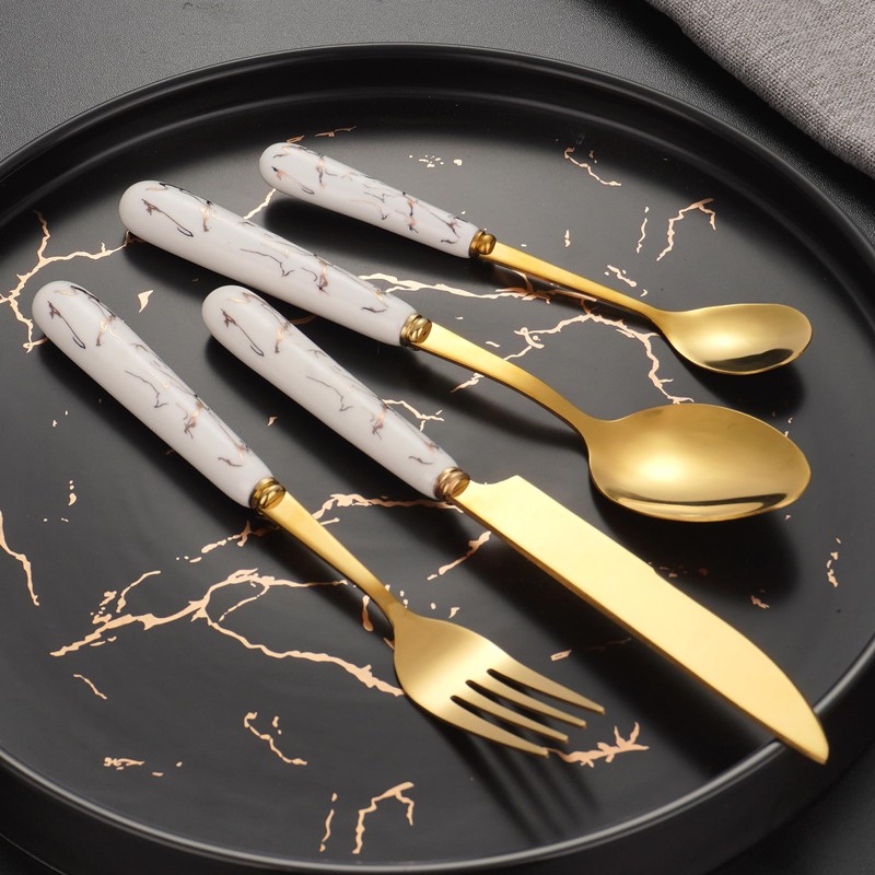 SensiSel 16 Piece Ceramic White Handles and Golden Plated Stainless