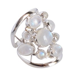 Ring aus 925er-Sterlingsilber, Regenbogen-Mondstein mit ovalem Cabochon, weiße Regenbogen-Edelsteine, Lünetten-Set, verstellbar, handgefertigt, Kunsthandwerker-Schmuckgeschenk, P 1/2, Edelstein