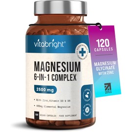 VitaBright Magnesium Glycinate 6-in-1 Complex 2500mg, 485mg Elemental Magnesium Supplements High Strength, With Zinc, Vitamin D3 & B6, 120 Capsules