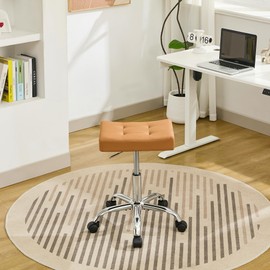 FIRAVOE Office Stool with Wheels (300lbs Capacity) (Adjustable Height 17"-21") Brown Faux Leather Workbench Stool (Camel Brown)