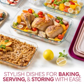 COOK WITH COLOR 8-Piece Deep Glass Baking Dish Set with Plastic Lids – Casserole and Food Storage Containers for Lasagna, Leftovers – Freezer-to-Oven, Microwave & Dishwasher Safe, Rose