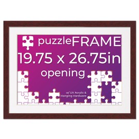 Poster Palooza 19.75x26.75 Jigsaw Puzzle Frame Kit - Kit Includes Puzzle Glue Sheets, Brown Wood Puzzle Frame with White Mat, UV Acrylic, Backing, Hanging Hardware