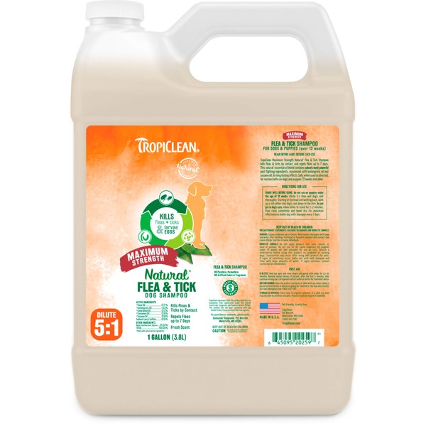 TropiClean Maximum Strength Natural Flea and Tick Dog Shampoo | Natural Flea and Tick Prevention for Dogs | Made in the USA | 1 gallon
