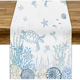 Camino de mesa de tortugas náuticas, costa marina, océano, concha, medusa, vida submarina, impresión para cocina, mesa de comedor, decoración de fiestas, 13 x 60 pulgadas