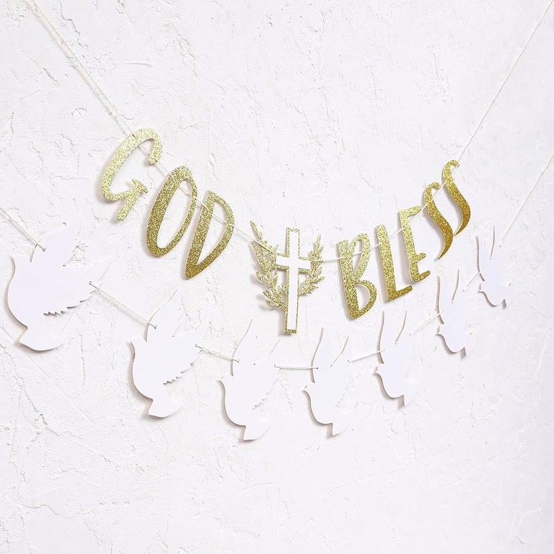 God Bless Decorations -White and Gold Dove Banner, Cross Garlands