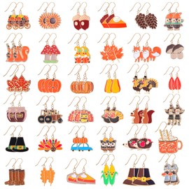 Sasylvia 36 Pairs Thanksgiving Earrings for Women Holiday Earrings Variety Pack Fall Drop Dangle Earrings Bulk Pumpkin Earrings Autumn Studs Earrings Cute Leaf Turkey Squirrel Chestnut