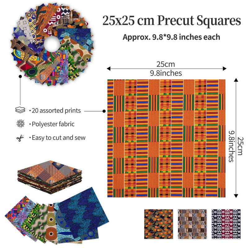 Stioyitois 20 Pcs African Print Polyester Fabric Squares, 25 x