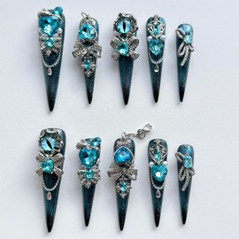 Luxury Press on Nails Long Almond Handmade 3D Unique Reusable ABS Material Fake Nails Blue Gothic False with Designs Rhinestones Charms Glitter Art Glossy Glue on Nails Thick Acrylic Nails(M)