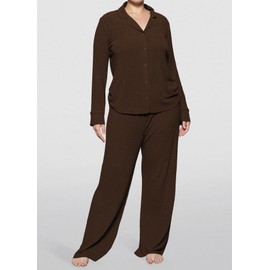 MANBEIYA Women's Pajama Sets Long Sleeve Button Down Soft Knit Sleepwear 2 Piece Lounge Set, Dark Brown, Large