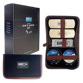 Birch Ultimate Shoe Shine Kit - 6 Piece Luxury Set with 2x Shoe Polishes, 2x Brushes, Microfiber Cloth, Two-Tone Case