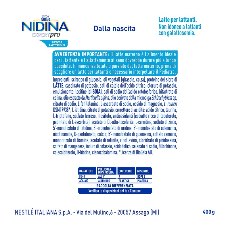 NIDINA EXPERT Pro Senza Lattosio Latte per Lattanti Polvere, Latta