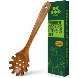 Bkiok Natural Nonstick Teak Wood Pasta Fork, Noodle Spaghetti Spoon Server, Handmade Strainer Slotted Spoon Skimmer Spoons