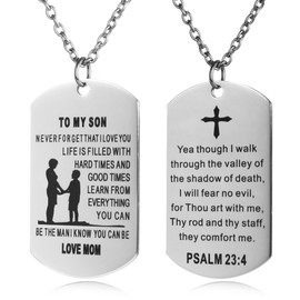 ZJFHTD Psalm 23:4 Catholic Confirmation Gift Dog Tag Necklace,Christian Bible Verse Religious Scripture Communion,Baptism Prayer Gifts (Mom to Son-Psalm 23:4)
