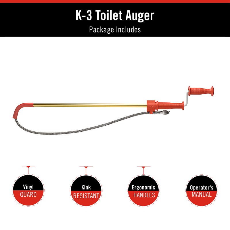 RIDGID 59787 Model K-3 Toilet Auger with Unclogging 3-Foot Snake