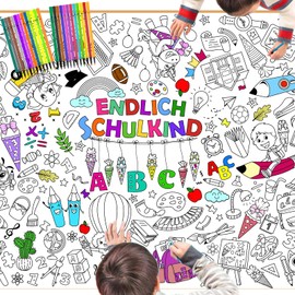 DPKOW School Children's Colouring Tablecloth, Paper Tablecloth, Colouring School Cone ABC 123 School Bus Animals Motifs with 24 Coloured Pencils for Boys Girls First Day of School Gift School Cone