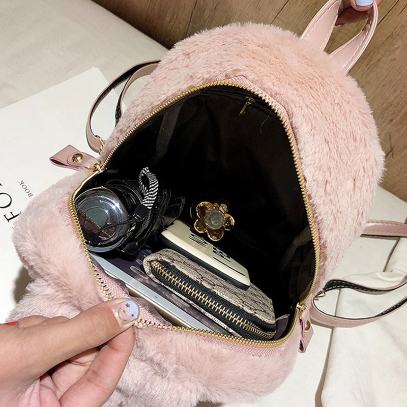 Women Bunny Backpack Plush Mini Fluffy Rabbit Ear Backpack Fuzzy