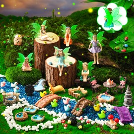 Shellwei 50 Pcs Garden Accessories Miniatures Small Fairies Kit with Luminous Wings Animals Cute Tiny Mushroom Mini Pond Bridge Figurine Micro Landscape Ornaments for Home Garden Christmas