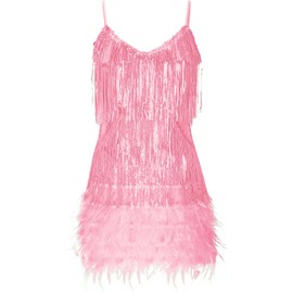 Women's Sequin Cocktail Dresses 1920s Flapper Dress Gatsby Fringe Mini Dresses Feather Prom Party Dress(A-Pink,L)
