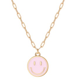 Godyce Smile Pendant Necklace Smile Face Chain Necklace Paperclip Necklace Cute Round Pendant Necklace Preppy Jewelry for Women Girls (Pink)
