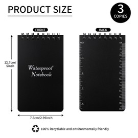 3 Pack Small Spiral Waterproof Notebook Pocket, 3x5 Pads For Write In The Rain, All Weather Notepads For Police, Golf, Diary, Memo, Field,Reporters 100 Pages Per Notebook(Black)