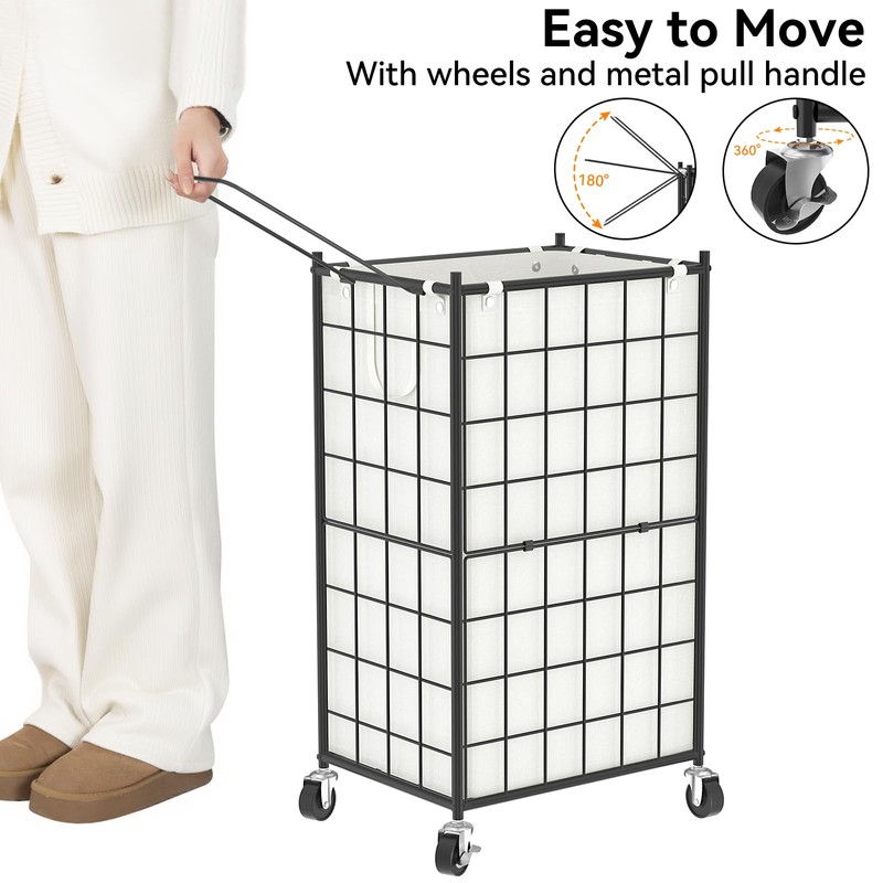WOWLIVE Laundry Hamper with Wheels,Metal Wire Frame Rolling Laundry Basket