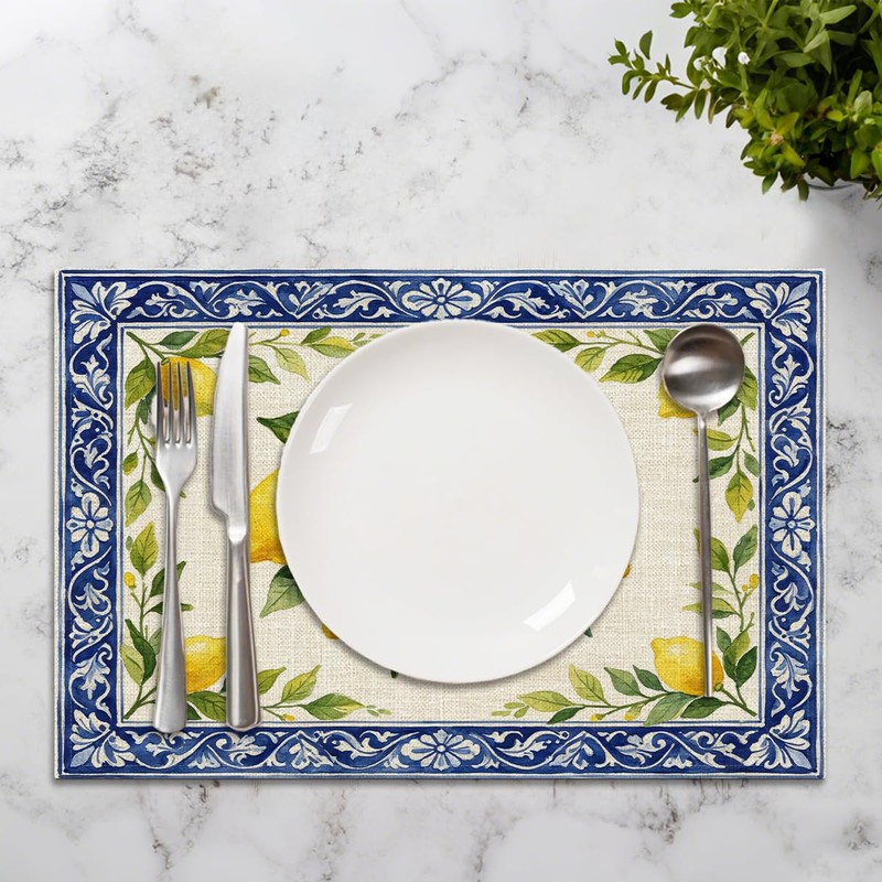 Mediterranean Lemon Placemats Set of 4, Indoor Outdoor Home Table
