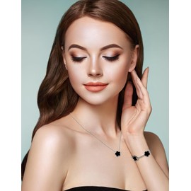 JIEMUCHU Gold Plated Stainless Steel Four Leaf Clover Bracelet and Necklace Jewelry Set for Women (Black-White Gold Plated)