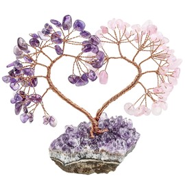 TUMBEELLUWA Crystal Stones Money Tree with Natural Amethyst Cluster Base Handmade Heart Love Figurine Bonsai Tree for Good Luck and Wealth, Amethyst+Rose Quartz