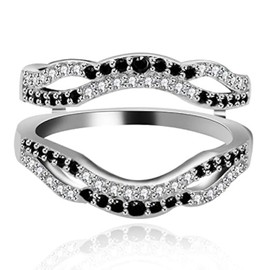 Uloveido 18K White Gold Plated Ring Enhancer Guard with Round Black Cubic Zirconia Rings Double Wedding Band Engagement Promise Rings for Her Women (Size 6) Y444