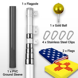G128 Combo Pack: 25 Ft Telescoping Aluminum Flagpole (Silver) & American and New Mexico Flags 3x5 Ft, Both ToughWeave Series Embroidered Polyester | Pole with Flags Included