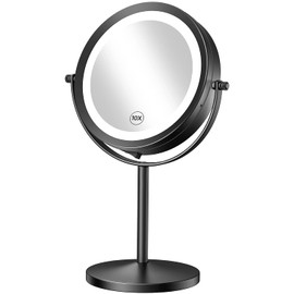 Gospire 7" Lighted Makeup Mirror with Magnification 10X/1X Double Sided, Round Magnifying LED Vanity Standing Cosmetic Shaving Mirror with Battery Operated, Cordless Portable for Bathroom Bedroom