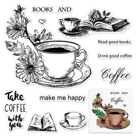 Flower Clear Stamps with Sentiment Words for Card Making and Photo Album Decorations, Coffee Heart Book Clear Rubber Stamps for Card Making Decoration and DIY Scrapbooking