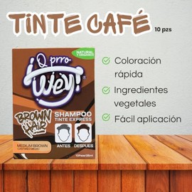 Q Prro Wey Shampoo Cubre Canas Hair Dye Shampoo. Tinte Express Color Castaño para Hombre y Mujer 10 Piezas de 25ml C/u.