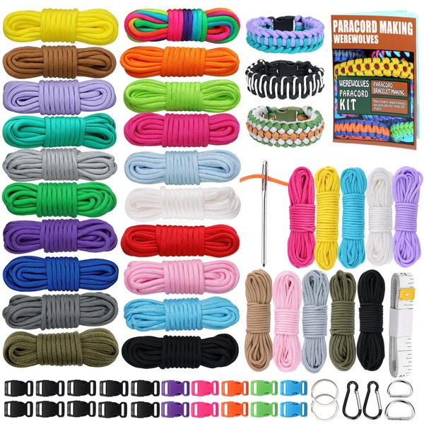 WEREWOLVES Paracord 550, 4MM Paracord 20 Colors & 2MM Micro Paracord Rope 10 Colors with Instructions Book, Paracord Bracelet Combo Crafting Kits, Parachute Cord and Complete Accessories (Candy)