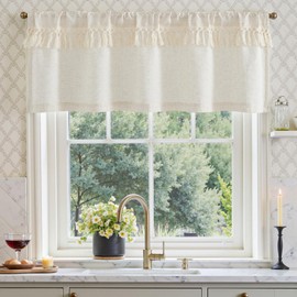 TOPICK Boho Valance with Tassels Linen Blend Kitchen Valance Curtain for Windows 18 Inch Beige Farmhouse Rustic Small Window Treatment for Living Room Laundry RV Light Filtering Back Tab 1 Panel Crude