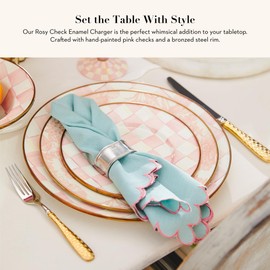 MACKENZIE-CHILDS Enamel Charger Plate, Large Charger for Dinner Party or Home Kitchen Decor, 12 Inches, Pink-and-White Rosy Check